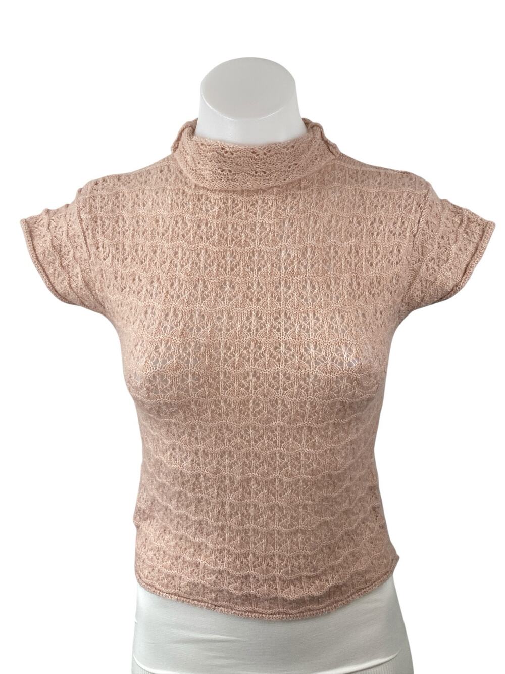 Zara Women's Pink Lace Floral Short Sleeve Mock Neck Knit Blouse Top Size L